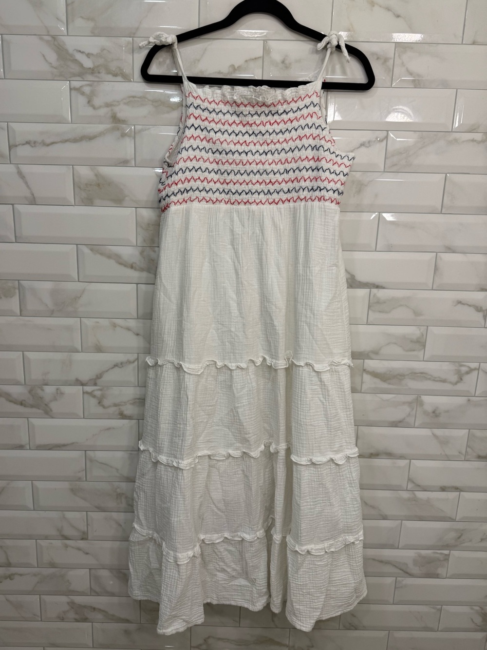 Blueberi Boulevard White Tiered with Red & Blue Embroidered Bodice